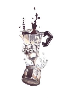 a drawing of an espresso coffee maker with water splashing out of it