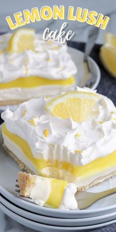 a lemon lush cake on a plate with the words lemon lush written in white and yellow