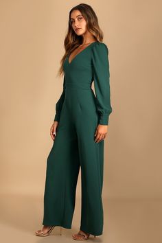 Fancy Romper Long Pants, Green Jumpsuit Outfit, Wedding Guest Jumpsuit, Green Wedding Guest Dresses, Emerald Green Jumpsuit, Jumpsuit Outfit Wedding, Jumpsuit Lulus, Jumpsuit Wedding Guest, Jumpsuit Winter