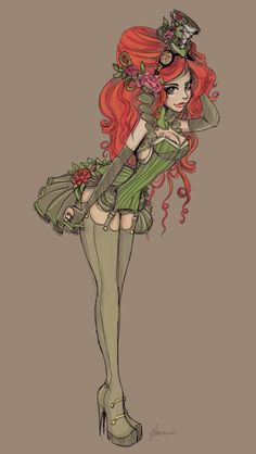 a drawing of a girl with red hair and green dress holding a flower in her hand