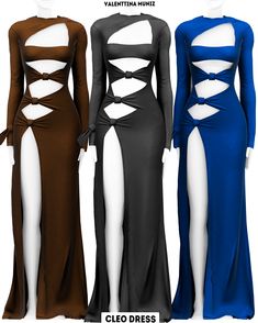 three dresses with cutouts on the sides