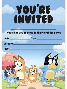 a birthday party with cartoon characters on the front and back of it, including an envelope for