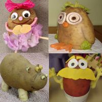 four different pictures of stuffed animals in the shape of egg shells and chicken legs with eyes