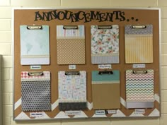 a bulletin board with many different papers and clipboards hanging on it's sides