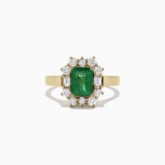 Effy Brasilica 14K Yellow Gold Emerald and Diamond Ring, 2.09 TCW Luxury Yellow Gold Emerald Ring, Classic Green Cluster Jewelry, Cluster Emerald Jewelry In Yellow Gold, Timeless Multi-stone Emerald Cut Jewelry, Classic Multi-stone Jewelry For May Birthstone, Heirloom 14k Gold Green Cluster Ring, Heirloom Green Cluster Ring In 14k Gold, Emerald And Diamond Ring, Effy Jewelry