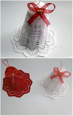 three different pictures of red and white doily with bows on them, one has an ornament in the shape of a bell