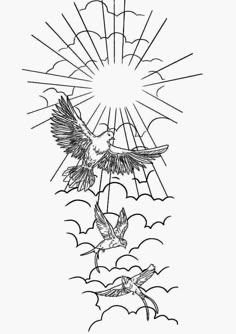 two birds flying in the sky with sun rays above them and clouds below, coloring page