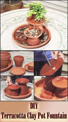 there are many different pictures of clay pots with plants growing out of them, and one is pouring water into the pot