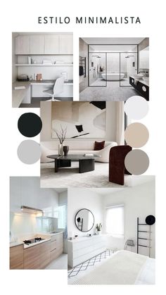 a collage of photos with different furniture and decor items in white, black, beige, and grey colors