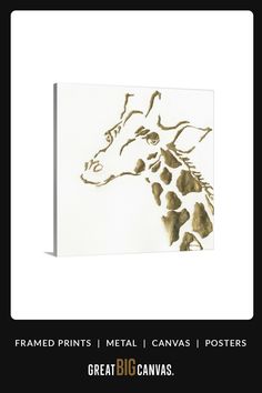 a giraffe is shown on a white background with gold foil paint and the words, framed prints metal canvass / posters great big canvases