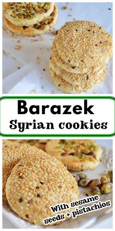 several different types of cookies are shown in this collage with the words, barazek syrian cookies