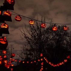 many pumpkins are lit up in the night sky and hanging from wires with lights on them