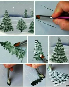 the process of painting a christmas tree with watercolors is shown in different stages