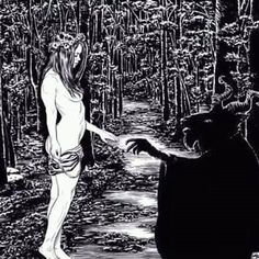 a black and white drawing of a woman handing something to a man in the woods