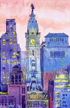 a watercolor painting of a clock tower in the middle of city at night time