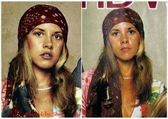 two women with bandanas on their heads are shown in the same image as they appear to be from different angles