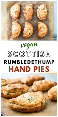 vegan scottish rumpled hump hand pies on a baking sheet with text overlay