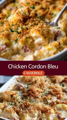 chicken cordon bleu casserole with parmesan cheese and herbs