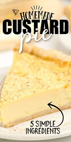 a slice of homemade custard pie on a plate with the recipe below it