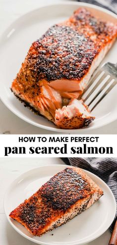 how to make perfect pan seared salmon on a plate with a fork and knife