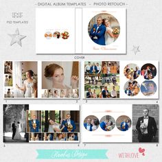 the wedding album is open to show photos and text, including an image of a couple