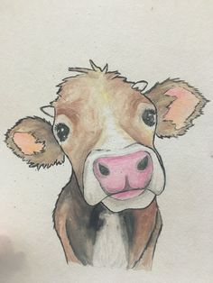 a drawing of a brown cow's face with pink nose and ears, looking at the camera