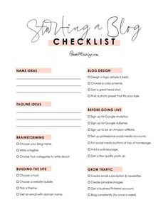 a checklist with the words starting a blog on it