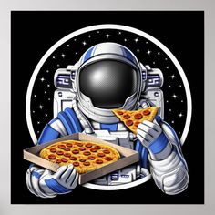 an astronaut is holding a box of pizza