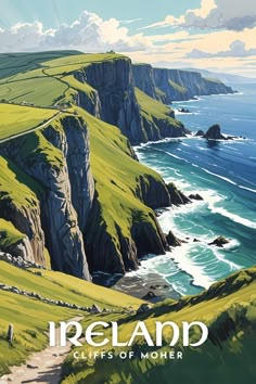 an image of ireland with the ocean and cliffs in the background