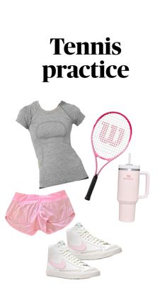 the tennis outfit is pink and grey with white shoes, a cup, and a racket