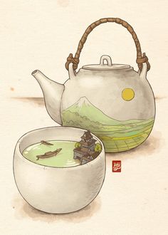 a tea pot and bowl filled with green liquid