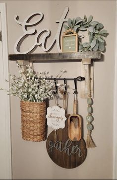 a shelf with some items hanging on it