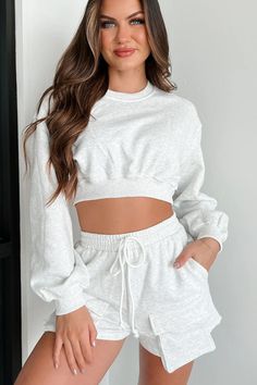 Can't Convince Me Crop Sweatshirt & Shorts Set (White Melange) · NanaMacs White Athleisure Tops For Lounging, Short Relaxed Fit Tops For Fall, Fall Tops With Relaxed Fit And Short Shape, Fall Tops With Relaxed Fit And Short Length, Sweatshirt Shorts, Crop Sweatshirt, Summer Fits, Spring 2024, Shorts Set