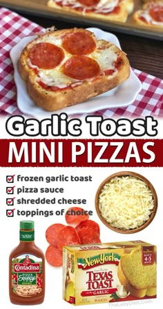 an advertisement for garlic toast mini pizzas with pepperoni, cheese and toppings