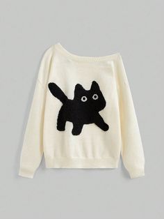 Teen Girls Innocent Casual Cute Cat Embroidered Off-Shoulder Loose Knit Sweater,Long Sleeve Tops Beige Casual  Long Sleeve Fabric Animal,Cartoon Pullovers Medium Stretch  Women Clothing, size features are:Bust: ,Length: ,Sleeve Length: Cute Beige Sweater, Silly Sweaters, Cute Oversized Sweaters, Cute Jumpers, Animal Sweater, Simple Scarf, Bear Sweater, Plus Size Pullover, Cat Sweater