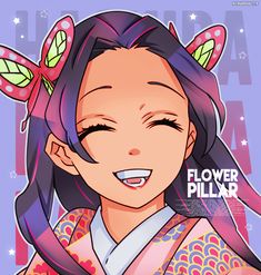 an anime character with long hair and flowers in her hair, smiling at the camera