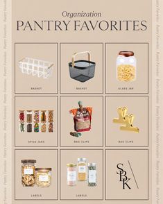 the organization pantry favorites poster is shown in white and beige colors, with various items labeled