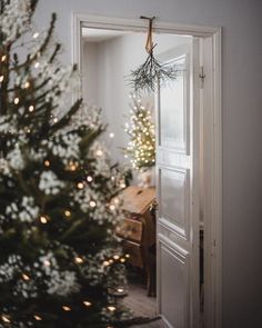 a christmas tree in front of a door with lights hanging from it's side