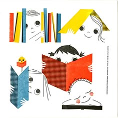 an image of children reading books in front of some bookshelves with birds on them