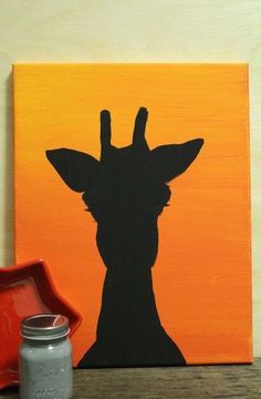 a painting of a giraffe on an orange background with a jar next to it