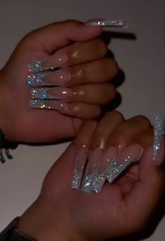 Bling Tip Acrylic Nails, Medium Glitter Nails, Simple Boujee Nails, Extra Blinged Out Nails, Birthday Nails Coffin Scorpio, 23rd Birthday Nails Acrylic, Birthday Nails Scorpio Long, Silver Sparkles Nails, Extra Sparkly Nails