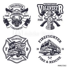 set of firefighter emblems with trucks and axes in vintage style on white background