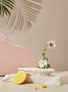 a lemon slice sitting on top of a piece of white marble next to flowers and leaves