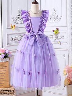 Tween Girl's Elegant, Noble 3d Butterfly & Flower Decorated Dress Purple   Sleeveless Fabric Floral,Butterfly A Line,Fit and Flare Slight Stretch  Tween Girls Clothing, size features are:Bust: ,Length: ,Sleeve Length: 15 Birthday Dresses, Butterfly 3d, Teen Girl Dresses, 12th Birthday, Cute Everyday Outfits, Kids Beachwear, Teen Girls, Birthday Dresses