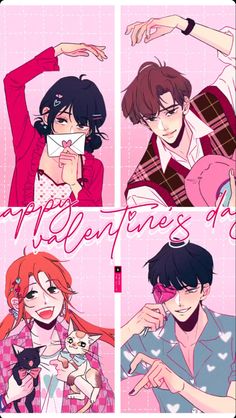 four anime characters with the words happy valentine's day written in pink and white