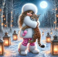 a painting of a girl holding a cat in the snow