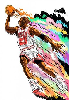 a drawing of a basketball player in the air with a ball above his head and colorful paint splatters behind him