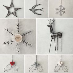 various christmas ornaments are hanging on the wall and decorated with wire, snowflakes and holly leaves