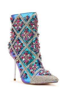 CRISP-MULTI JEWELED STILETTO BOOTIE | AZALEA WANG Iridescent Art, Dress Booties, Jeweled Shoes, Azalea Wang, Jeweled Sandals, Rhinestone Shoes, Statement Shoe, Rhinestone Studs, Looks Chic