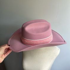 Pink Felt Cowgirl Hat With Aztec Style Sewn On Band. Never Worn. Still Has Tag And Adjustable Inside. Pink Tejana, Pink Adjustable Country Hat, Pink Felt Cowboy Hat, Luxury Pink Western Hat, Felt Cowgirl Hat, Pink Fuzzy Cowgirl Hat, Neon Pink Cowgirl Hat, Pink Cowgirl Hat, Aztec Style